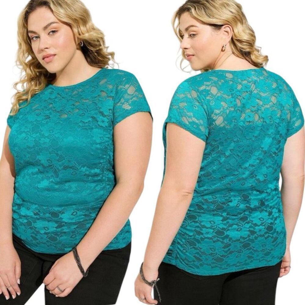 Torrid Aqua Blue/Green Stretch Lace Crew Neck Cinch Side Tee Size 3 3XL NWT